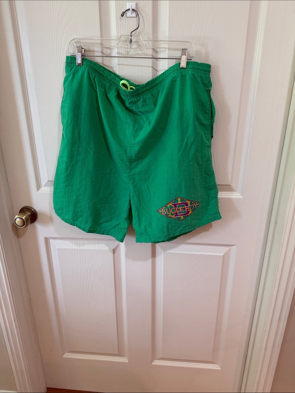 Bugle Boy Vintage Y2K Bright Green Athletic Swim Shorts with Logo Patch Sz L